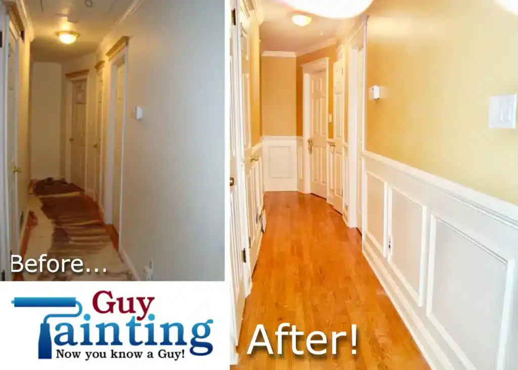 Hallway before and after white wainscoting installation