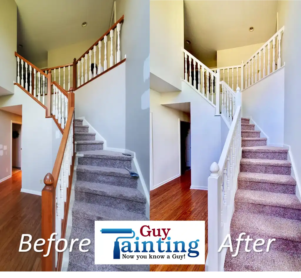 Before and after: stained wood banister and handrails painted crisp white