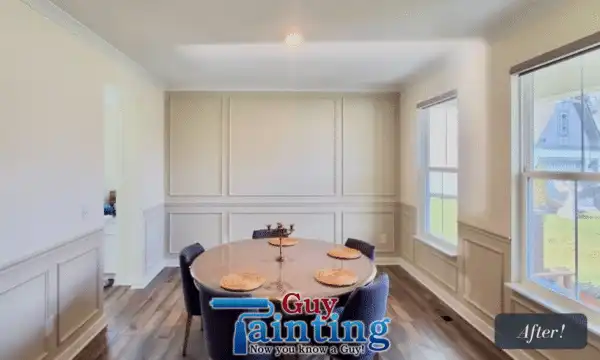 Finished dining room with white picture frame moulding