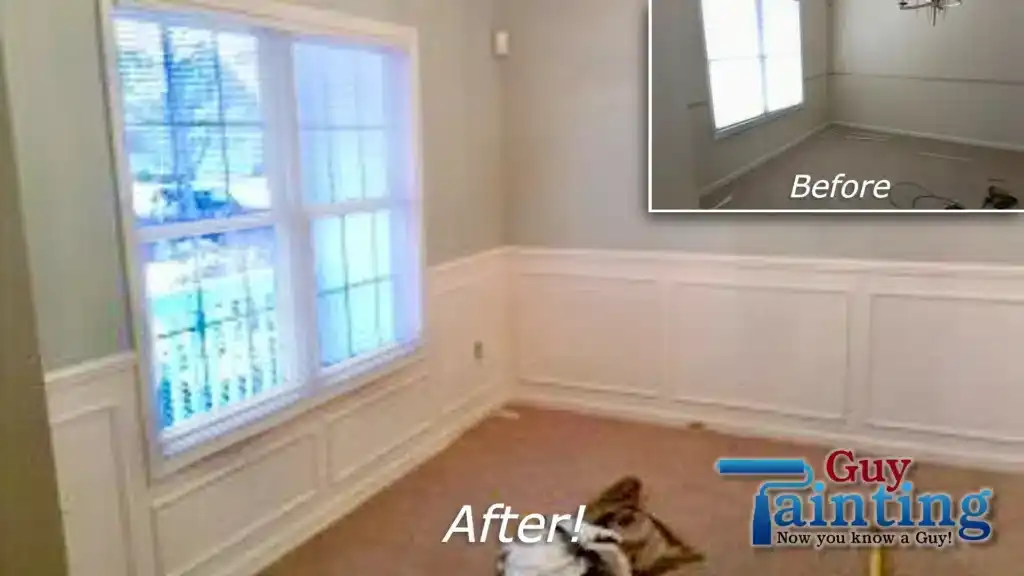 Room before and after white wainscoting installation