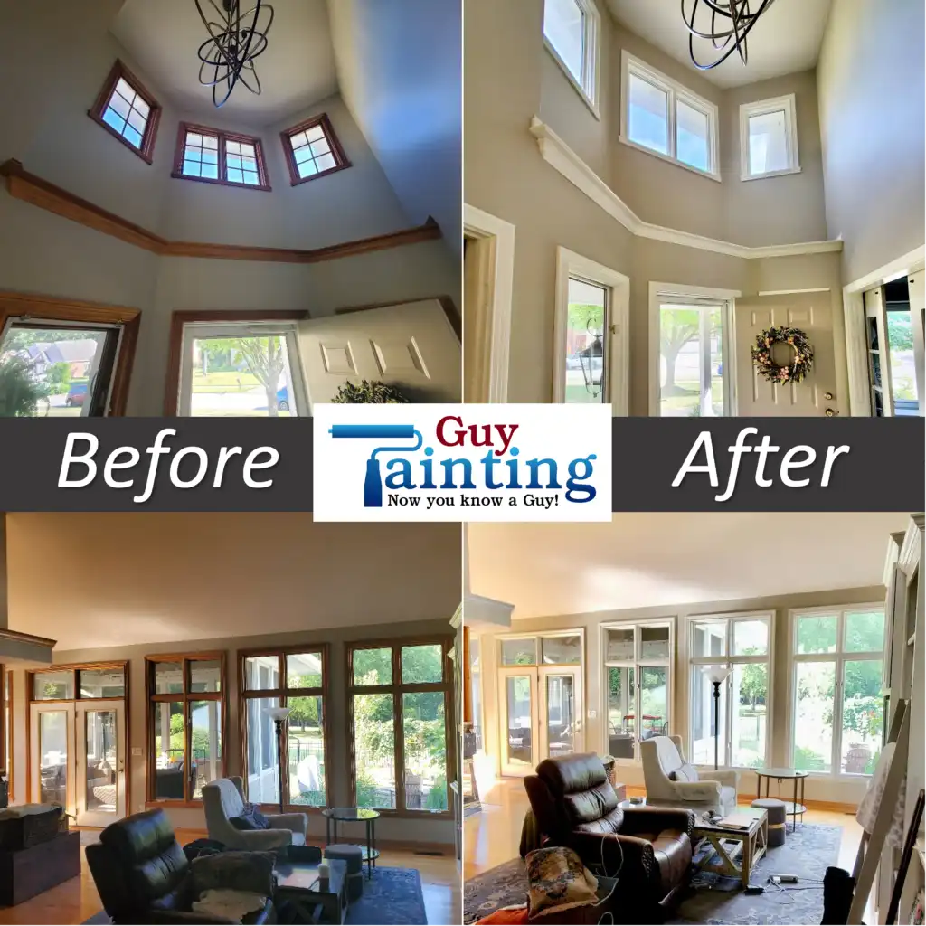 Before and after: stained wood trim painted white in a bright two-story living room