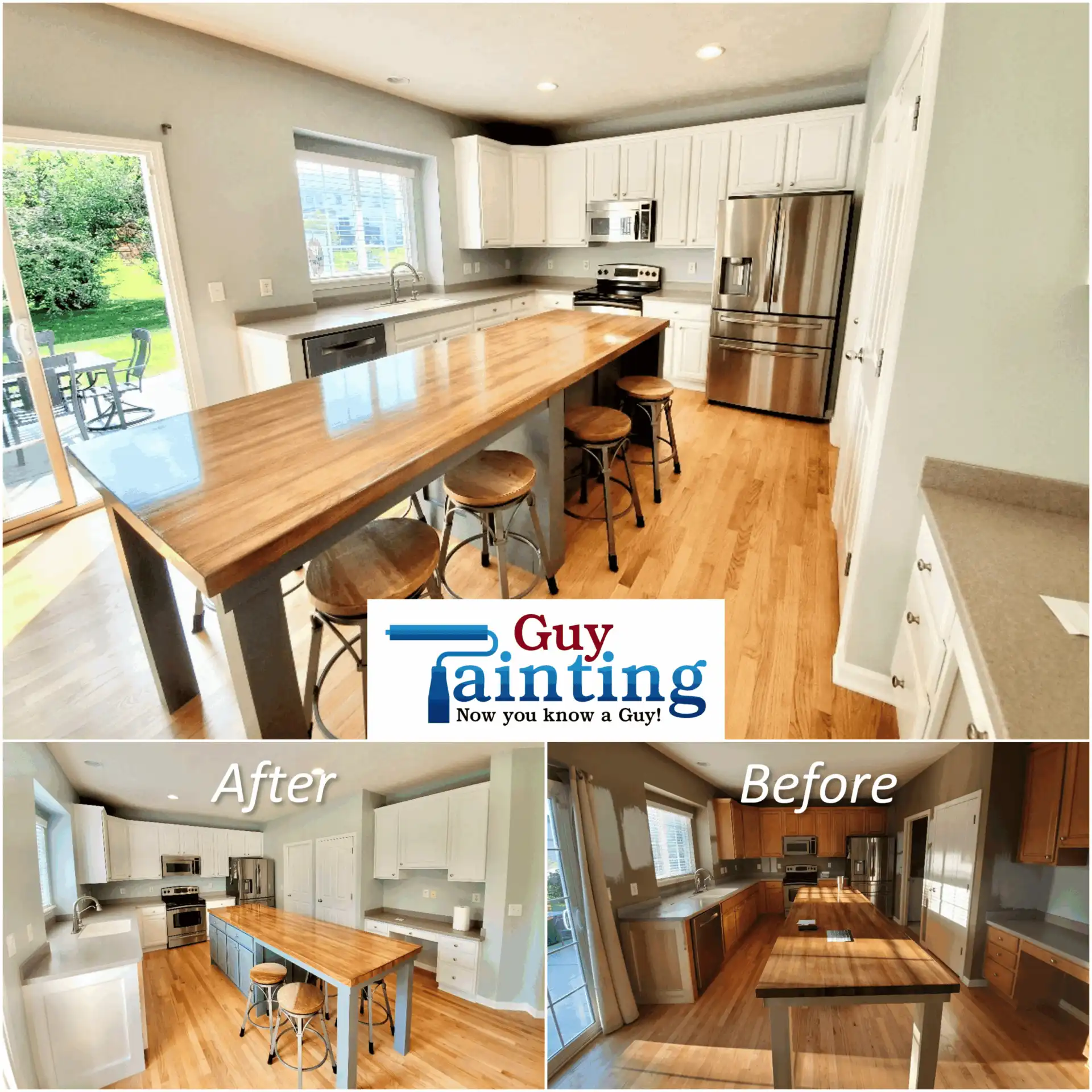 Kitchen cabinets painted white with a dark contrasting island by Guy Painting