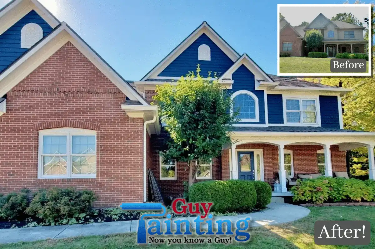 Guy Painting exterior repaint of a Geist brick home with Sherwin-Williams Naval siding, red brick, and Pearly White trim
