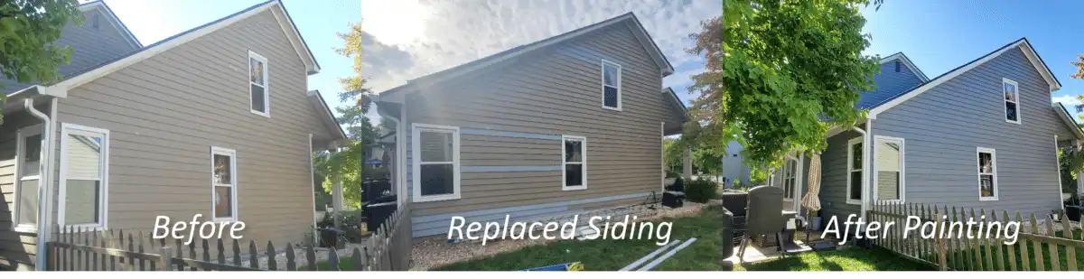 Before, replaced siding, and after painting — partial rotten wood siding replacement in Fishers