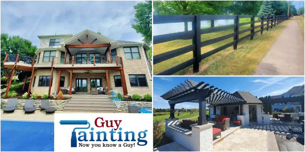 Guy Painting exterior deck, black fence, and pergola staining projects