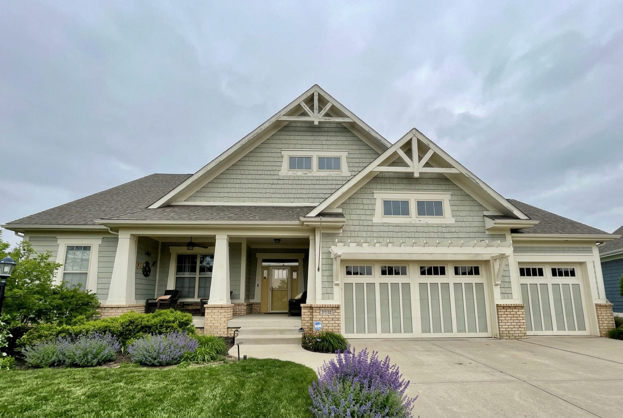 Craftsman home exterior before repaint by Guy Painting — dated olive-gray siding