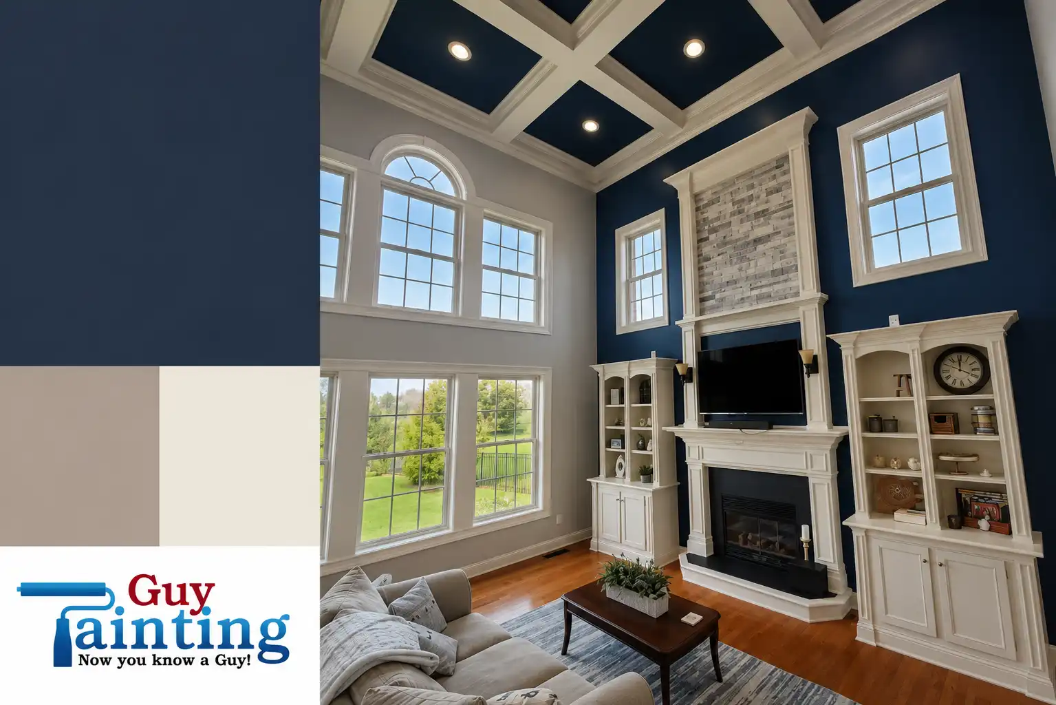 Living room in a Noblesville home painted in Sherwin-Williams Naval by Guy Painting