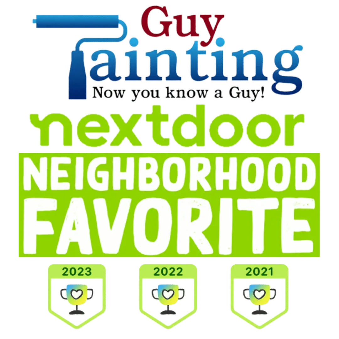 A professional digital badge showcasing the nextdoor favorite painter guy painting 2023 award, earned by the guy painting team for excellence in the Geist community. The graphic features the official guy painting logo with its signature blue paint roller at the top, followed by the lime green Nextdoor branding and a "Neighborhood Favorite" banner. At the bottom, three distinct trophy icons proudly display consecutive wins for 2021, 2022, and 2023. This visual serves as a verified mark of trust and quality, representing the consistent top-tier service provided by guy painting as a community-voted local leader in residential painting.