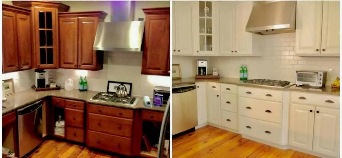 A professional split-frame showcase of a kitchen transformation, featuring whitewash oak cabinets before and after refinishing by the guy painting team. The "before" side on the left displays dark, traditional wood-stained cabinets paired with a white tile backsplash and a stainless steel range hood. The "after" side on the right reveals the same kitchen layout completely revitalized with a crisp, high-quality white finish on all cabinetry. This update by guy painting seamlessly integrates with the existing subway tile and warm hardwood flooring, demonstrating a bright and modern aesthetic for this Geist area home.
