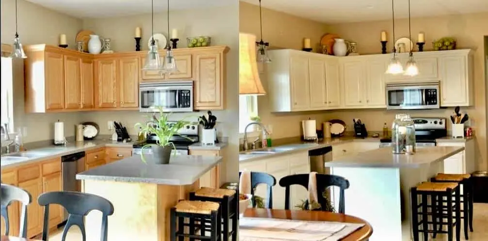 A side-by-side comparison illustrating a complete kitchen refresh, featuring whitewash oak cabinets before and after refinishing by the guy painting team. The left side shows the original L-shaped kitchen layout with traditional honey-toned oak cabinets and a matching island. The right side reveals the transformation into a bright, contemporary space with all cabinetry finished in a clean, professional white. This update by guy painting highlights how a modern color palette can revitalize a Geist kitchen, perfectly coordinating with the existing stainless steel appliances, neutral countertops, and stylish pendant lighting.
